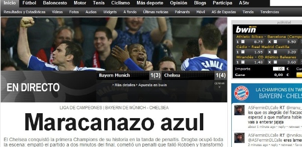 Repercussão do jornal espanhol AS do título do Chelsea da Liga dos Campeões  - Reprodução