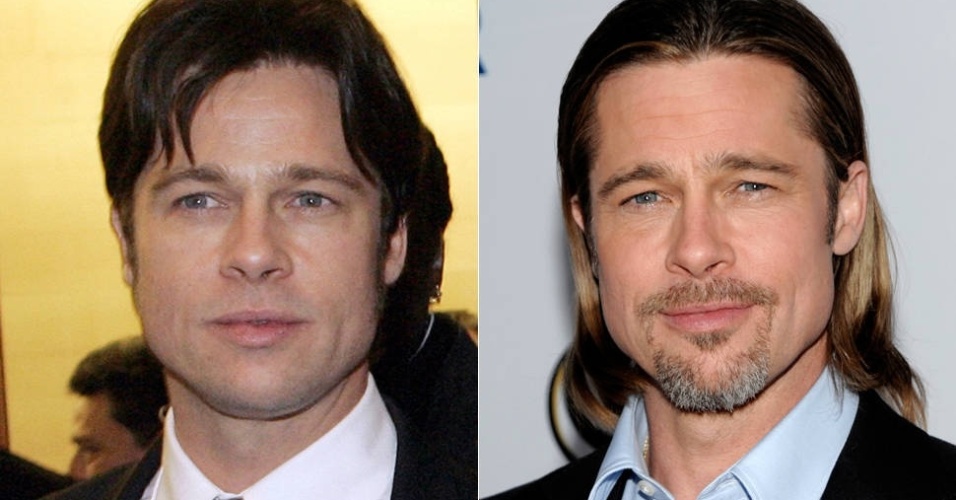 O ator americano Brad Pitt, 48, ainda costuma pintar os cabelos, mas a barba entrega os fios brancos