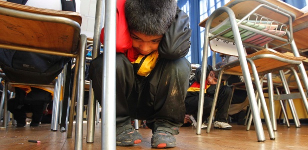 Crianças aprendem em sala de aula a ser proteger em caso de terremoto - Martin Bernetti/AFP