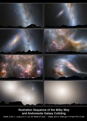 Concepções artísticas mostram a colisão entre a Via Láctea e sua galáxia vizinha, Andrômeda - Nasa/ESA
