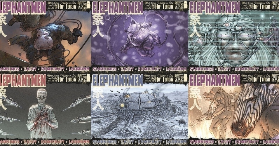 Diversas capas da série "Elephantmen - Seleção Não Natural". A HQ é produzida em parceria com os ilustradores Ladronn, Moritat e John Roshell  - Fotomontagem/UOL