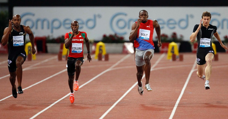 Para vencer os 100 m, Bolt deixou para trás o também jamaicano Asafa Powell (e) e o francês Christophe Lemaitre (d) (31/05/2012)