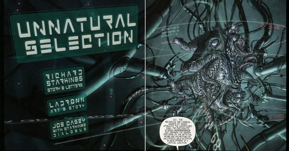 Splash das primeiras páginas de "Elephantmen - Seleção Não Natural", de Richard Starkings, HQ que conta a história de um centro científico no deserto africano, onde são realizadas experiências com DNA humano e animal - Fotomontagem/UOL