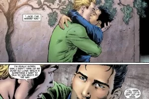 Trecho da HQ "Earth 2", em que o personagem Lanterna Verde beija um amigo - Reprodução