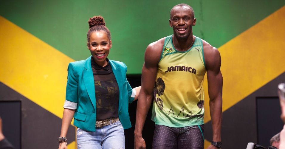 A estilista Cedella Marley (filha de Bob Marley) e o atleta Usain Bolt apresentam linha de uniformes da Jamaica para as Olimpíadas 2012, em Londres (1º/06/2012)