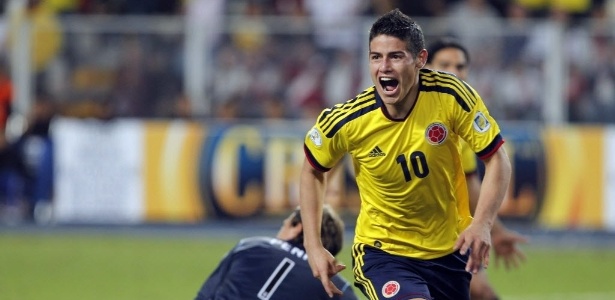 Rodríguez comemora seu gol na vitória da Colômbia sobre o Peru
