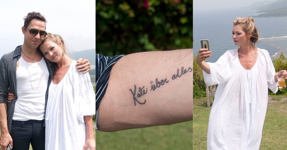 A topmodel Kate Moss e o marido, o guitarrista da banda The Kills, James Hince posam para o fotógrafo Terry Richardson em férias na Jamaica (5/6/12). Hince mostra a tatuagem que adaptou para a mulher e Kate tira fotos de si mesma no celular. O casamento aconteceu em julho de 2011, na Inglaterra 