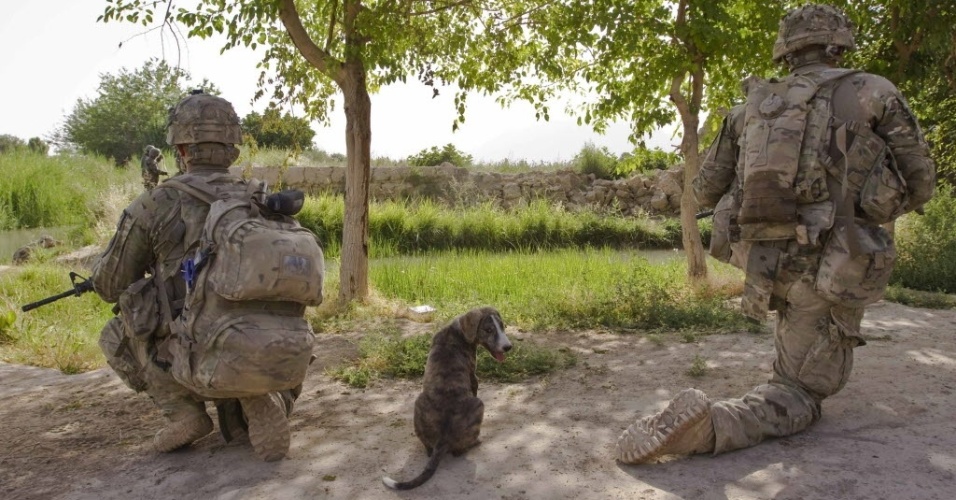 12.jun.2012 - Cachorro senta entre dois soldados do exército norte-americano durante patrulha no distrito de Zharay, em Kandahar, no Afeganistão
