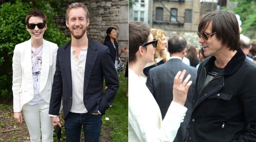 Acompanhada do namorado Adam Shulman, a atriz Anne Hathaway conferiu o desfile da estilista Stella McCartney na Semana de Moda de Nova York (12/6/12)