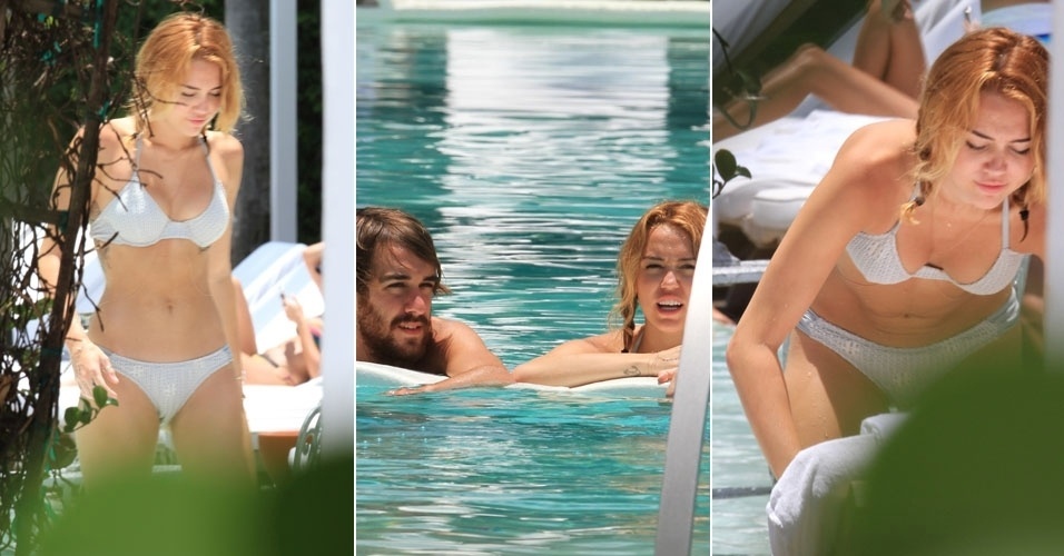 Com biquíni prateado, Miley Cyrus toma banho de piscina com amigo (13/6/12)