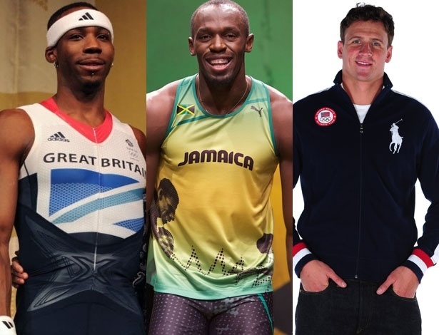 Phillips Idowu, Usain Bolt e Ryan Lochte com uniformes assinados por estilistas que usarão em Londres