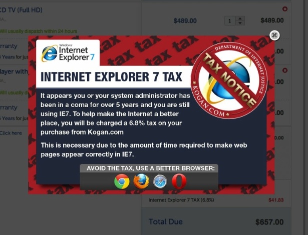 Varejista eletrônico australiano Kogan taxa usuários que fazem compras com o Internet Explorer 7 - Reprodução
