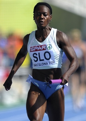 Merlene Ottey em ação pela Eslovênia em 2010, no Europeu de atletismo, quando tinha 50 anos de idade