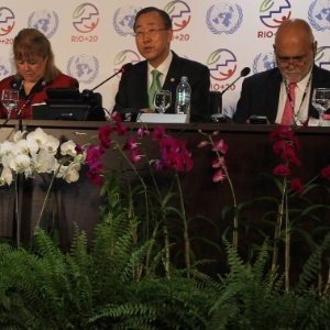 20.jun.2012 - O secretário-geral da ONU, Ban Ki-moon, concede entrevista coletiva na Rio+20, Conferência da ONU sobre o Desenvolvimento Sustentável