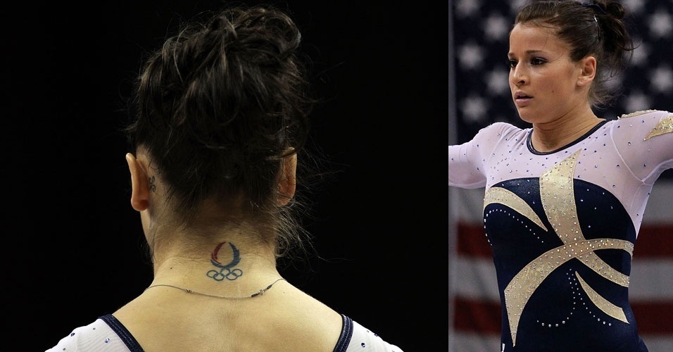 Alícia Sacramone, medalhista de prata na ginástica em 2008, também escolheu a nuca como o local para sua tatuagem dos aros olímpicos