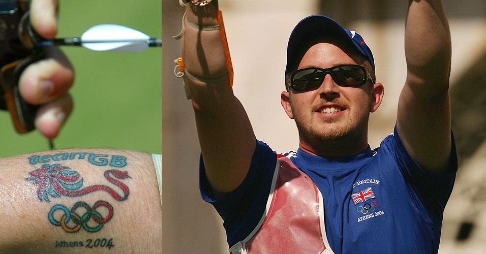 Laurence Godfrey, arqueiro britânico, tatuou não só os aros olímpicos como também o símbolo da delegação de seu país