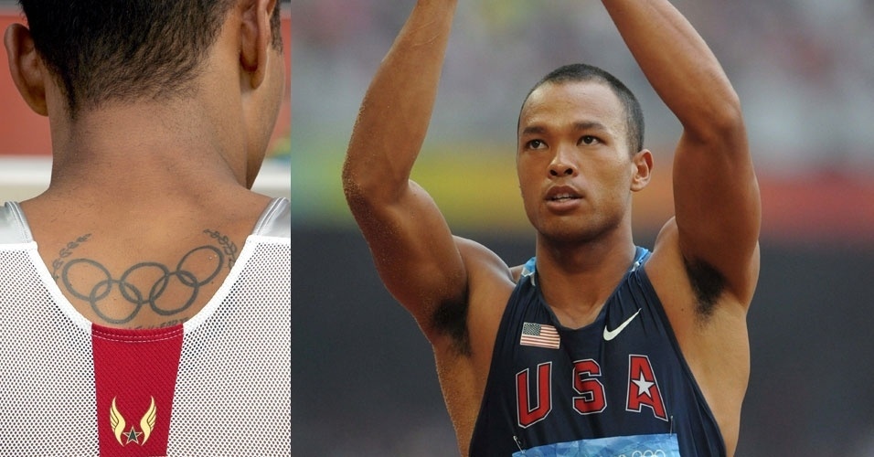 O decatleta norte-americano Bryan Clay escolheu a nuca para estampar sua versão dos aros olímpicos estilizados