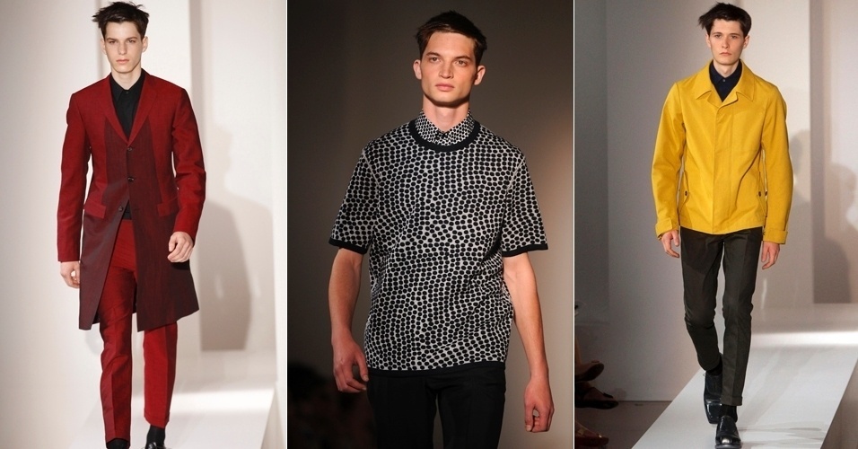 Cores fortes e texturas também marcam a coleção apresentada por Jil Sander na semana da moda masculina de Milão, Itália (23/06/2012) - AP Photo/AFP Photo/EFE