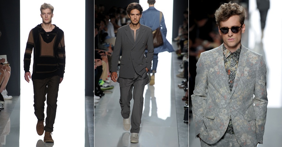 A Bottega Veneta desfilou composições de cores quentes e sobreposições na semana da moda masculina de Milão. Destaque para o fechamento em ilhós de alguns modelos de camisa (24/06/2012) - Pier Marco Tacca/Getty