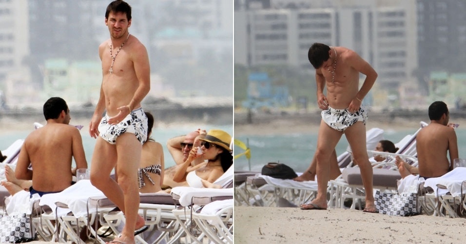 O jogador do Barcelona Lionel Messi passeia vestindo sunga curiosa em praia de Miami, nos Estados Unidos (24/6/12)