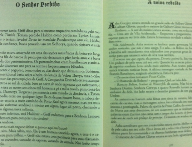 À esquerda, o capítulo "O Senhor Perdido", que deveria ser seguido por "Soprado ao Vento". Na edição brasileira, na página 277 aparece o trecho "A Noiva Rebelde" - Reprodução
