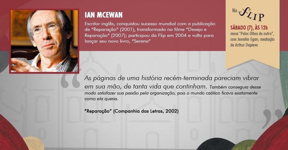 "As páginas de uma história recém-terminada pareciam vibrar em sua mão, de tanta vida que continham. Também conseguia desse modo satisfazer sua paixão pela organização, pois o mundo caótico ficava exatamente como ela queria." - "Reparação", de Ian McEwan (Companhia das Letras, 2002) - Arte/UOL