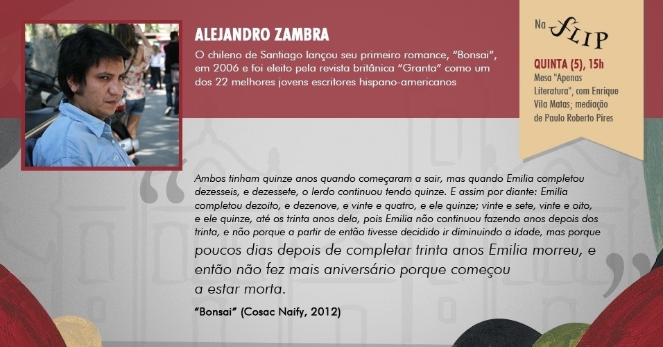 "poucos dias depois de completar trinta anos Emilia morreu, e então não fez mais aniversário porque começou a estar morta." - "Bonsai", de Alejandro Zambra (Cosac Naify, 2012) - Arte/UOL