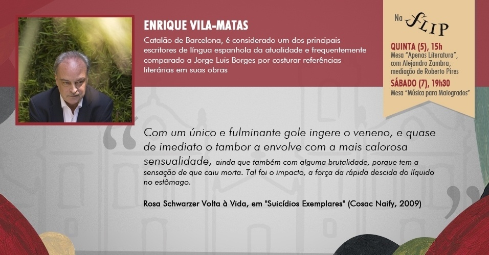 "Com um único e fulminante gole ingere o veneno, e quase de imediato o tambor a envolve com a mais calorosa sensualidade, ainda que também com alguma brutalidade, porque tem a sensação de que caiu morta. Tal foi o impacto, a força da rápida descida do líquido no estômago." - Rosa Schwarzer Volta à Vida, em "Suicídios Exemplares", de Enrique Vila Matas (Cosac Naify, 2009) - Arte/UOL