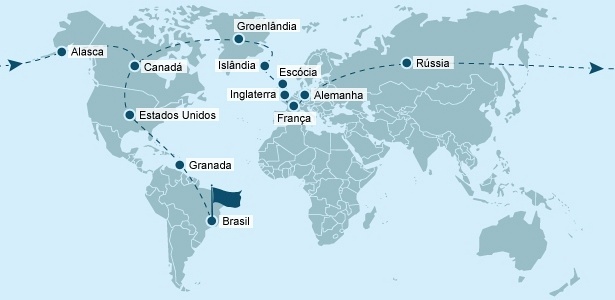 Itinerário de Toledo prevê passagem por 11 países de quatro continentes em 125 horas de voo - Arte UOL