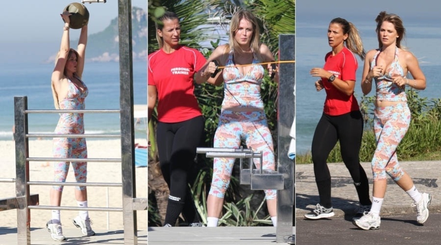 Acompanhada de sua personal trainer, Susana Werner faz exercícios em praia da zona oeste do Rio (2/7/2012)