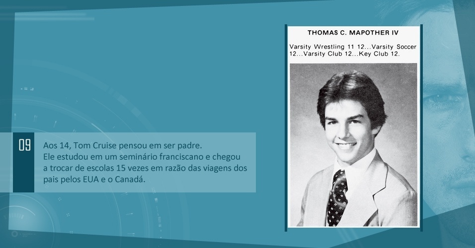 Aos 14, Tom Cruise pensou em ser padre. Ele estudou em um seminário franciscano e chegou a trocar de escolas 15 vezes em razão das viagens dos pais pelos EUA e o Canadá.