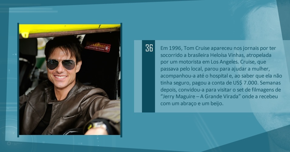 Em 1996, Tom Cruise apareceu nos jornais por ter socorrido a brasileira Heloísa Vinhas, atropelada por um motorista em Los Angeles.