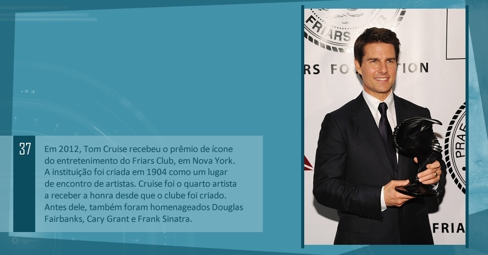 Em 2012, Tom Cruise recebeu o prêmio de ícone do entretenimento do Friars Club, em Nova York. 