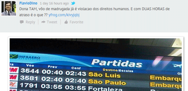 Foto postada pelo presidente da Embratur em sua página no Twitter aponta atraso de duas horas em voo - Reprodução/Twitter