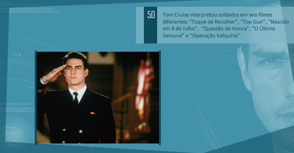 Tom Cruise interpretou soldados em seis filmes diferentes: ?Toque de Recolher?, ?Top Gun?, ?Nascido em 4 de Julho?,  ?Questão de Honra?, ?O Último Samurai? e ?Operação Valquíria?.