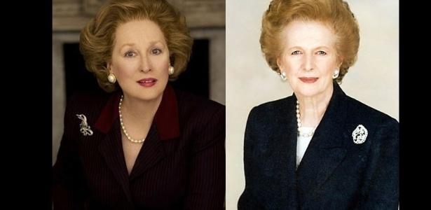 Meryl Streep (esq.) como Margaret Thatcher (dir.) para o filme "A Dama de Ferro"