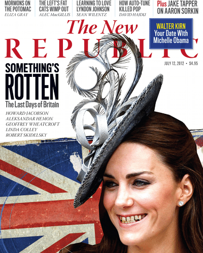 A revista americana "The New Republic" modificou digitalmente a aparência de Kate Middleton em sua capa deste mês. O título, que diz "Algo está podre. Os últimos dias da Grã-Bretanha"  é uma reclamação aos altos gastos com as Olimpíadas de Londres. De acordo com o jornal "Daily Mail", a imagem foi manipulada para "mostrar o estereótipo inglês na visão dos americanos" (7/7/12)