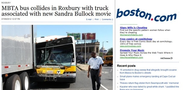 Ônibus que se chocou contra trailer em set de "The Heat", com Sandra Bullock - Reprodução/Boston.com