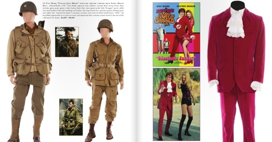 Trajes usados por Tom Hanks e Matt Damon em "O Resgate do Soldado Ryan" e a vestida por Mike Myers em "Austin Powers" - Reprodução/Profiles in History