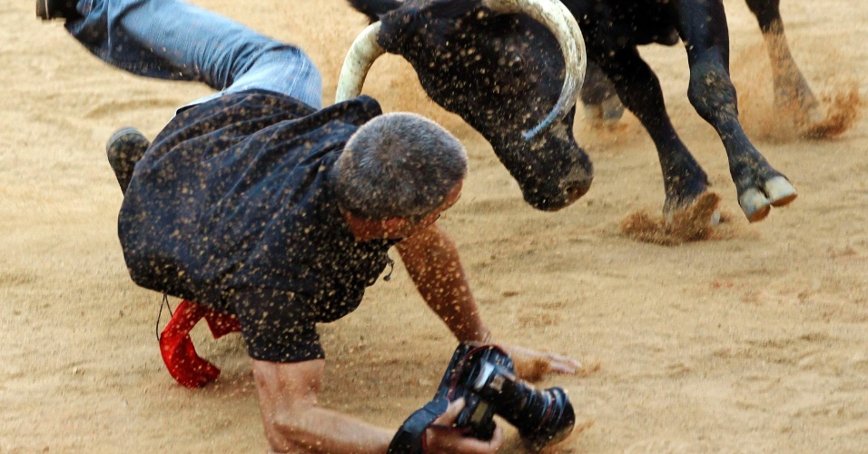 12.jul.2012 - Profissão perigo: fotógrafo da Reuters se arrisca para um clique da vaca mais de perto, na arena de Pamplona, na Espanha