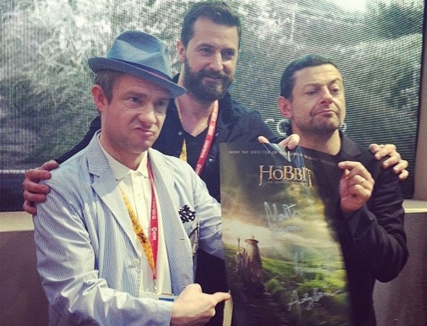 Os atores Martin Freeman (à esq), Richard Armitage e Andy Serkis participam do painel do filme "O Hobbit" (14/7/12) - Reprodução/Instagram
