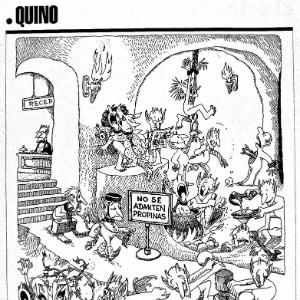 O trabalho de Quino se destaca por usar o humor para denunciar guerra, preconceito e conflitos sociais. "Repare que de Adão e Eva saiu um filho assassino. Logo, de quatro pessoas que havia no mundo, 25% era um delinquente" - Divulgação