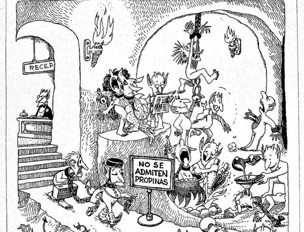 O trabalho de Quino se destaca por usar o humor para denunciar guerra, preconceito e conflitos sociais. "Repare que de Adão e Eva saiu um filho assassino. Logo, de quatro pessoas que havia no mundo, 25% era um delinquente" - Divulgação