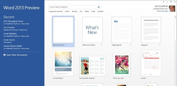 Word 2013 ganha uma nova tela inicial, com atalhos para templates e lista dos últimos documentos usados - Divulgação