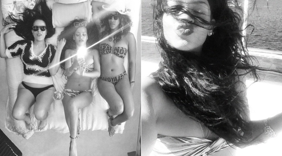 Rihanna divulgou imagem onde aparece de biquíni ao lado de duas amigas (16/7/12)
