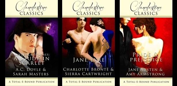 Capas das versões eróticas dos livros "Um Estudo em Vermelho", "Jane Eyre" e "Orgulho e Preconceito" - Divulgação