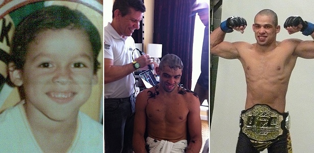 Renan Barão em três momentos: ainda um garoto, raspando o cabelo e com seu cinturão - Arte/UOL, com Divulgação e Arquivo Pessoal