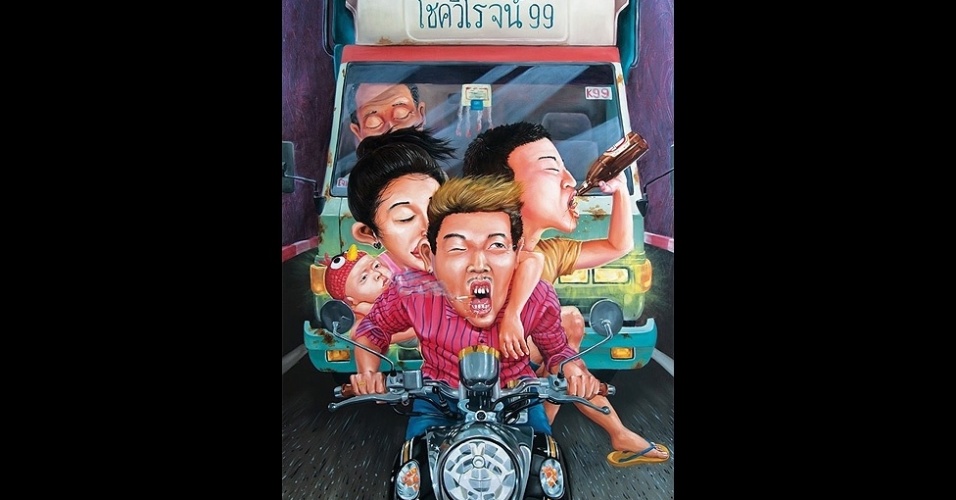 A pintura intitulada "Família Vanz" faz alusão ao uso irresponsável das motocicletas. Cena "comum nas ruas da Tailândia", diz Anon Lulitananda - Anon Lulitananda/Divulgação 