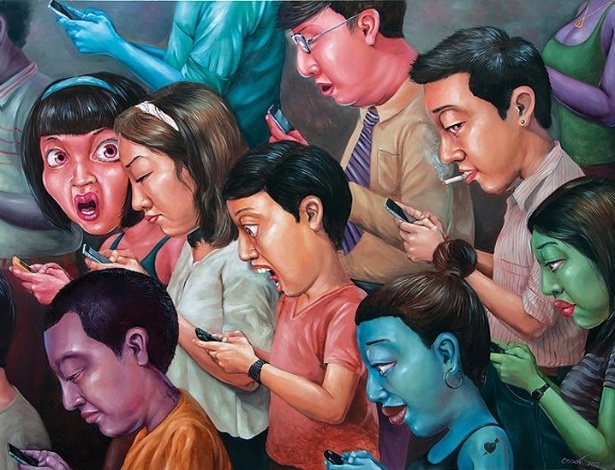 Anon Lulitananda utiliza cores fortes e formas com proporções exageradas para enfatizar a sátira à realidade, como na obra acima, "IT Society" - Anon Lulitananda/Divulgação 