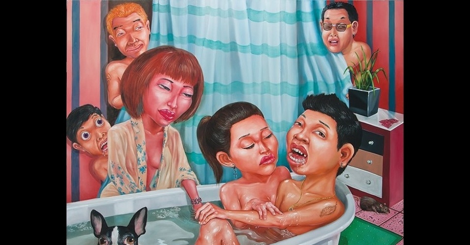 As imagens de Anon Lulitananda retratam o cotidiano da sociedade tailandesa. Na pintura intitulada "Queue up", ou "espere na fila", ele debocha da superlotação dos bordéis - Anon Lulitananda/Divulgação 